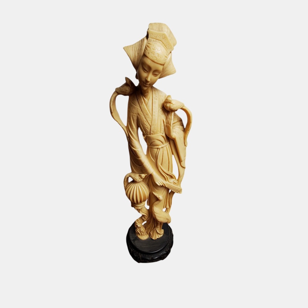 A. Santini Figurine Slender Asian Woman w/ Birds‎ Amazing Details 20in Alabaster